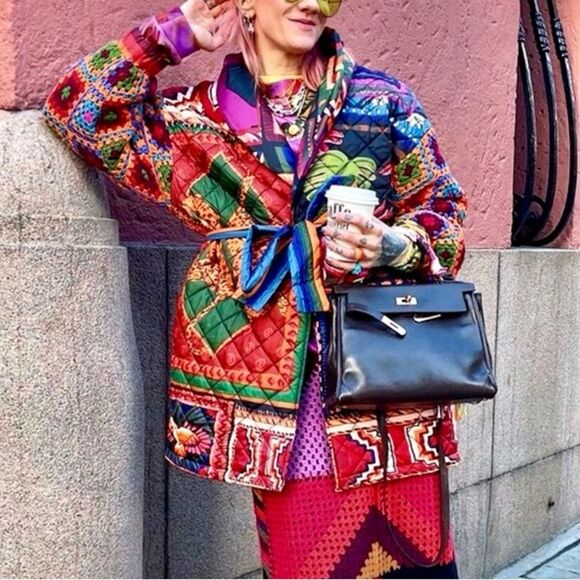 NEW FARM Rio Patchwork Tapestry Crochet Puffer Jacket Tropical Tie Belt Size XL - Picture 5 of 16